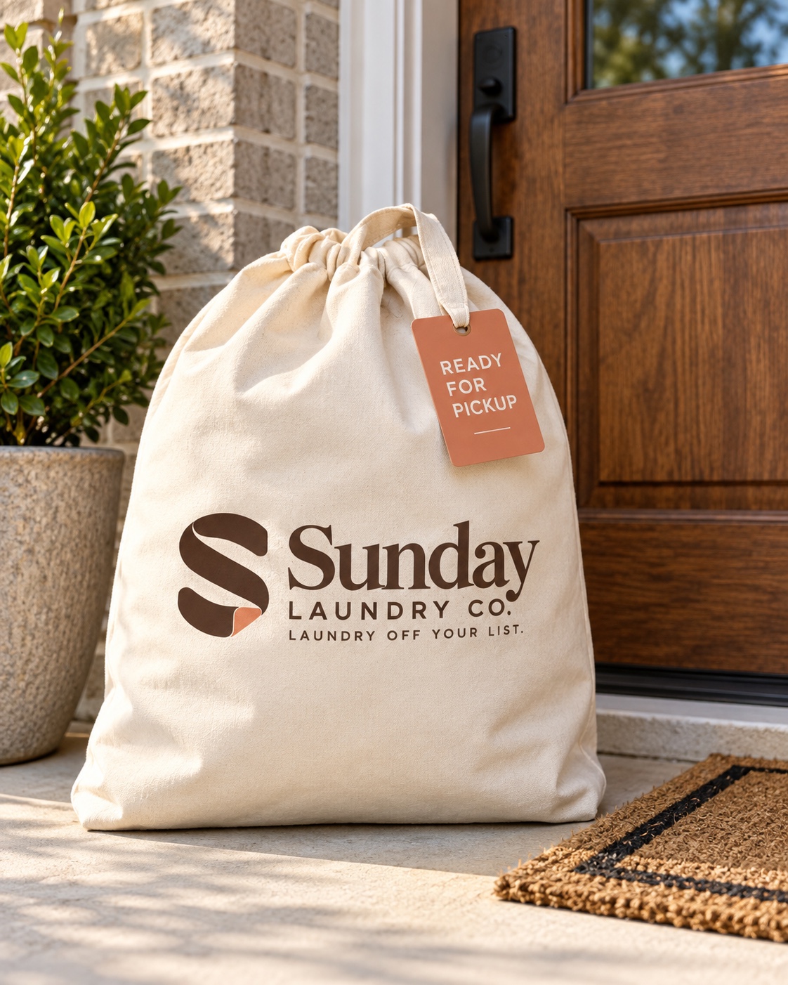 A Sunday Laundry Co. pickup bag ready at a front door